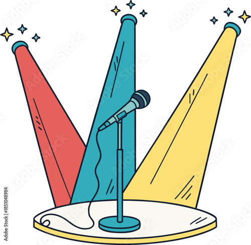 Vibrant stage spotlight shines on microphone stand