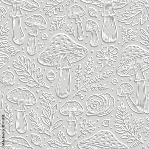 3D embossed seamless pattern with forest mushrooms, leaves and acorns. Elegant light grey monochromatic emboss endless texture with raised relief effect. Vector illustration for wallpaper and decor.