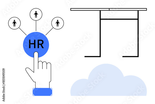 HR processes, cloud technology, team management, recruitment, business solutions, workplace innovation. Hand pointing to HR icon, cloud and network links. HR processes and cloud technology focus