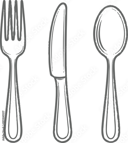 A professional set of stainless steel silverware featuring a fork and knife and a fork and spoon isolated on a white background for restaurant kitchen cutlery and dinner table meal settings