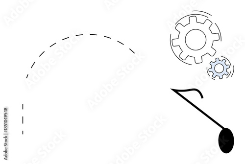 Process management, workflow optimization, industry automation, mechanical systems, innovation, productivity. Black gear icons with a curved dashed line and lever element. Industry automation