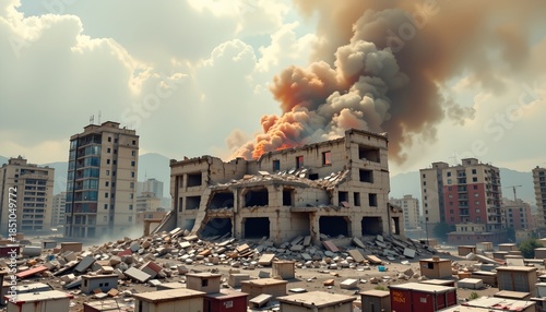 collapsed structure in city center after heavy bombing, subject at bottom, vivid coral tones, ample copy space at top.