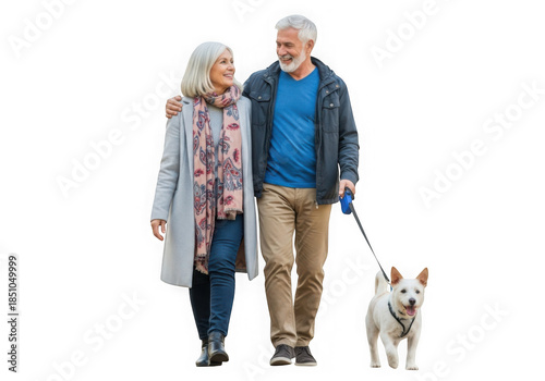Elderly couple walking their dog together enjoying the outdoors transparent background