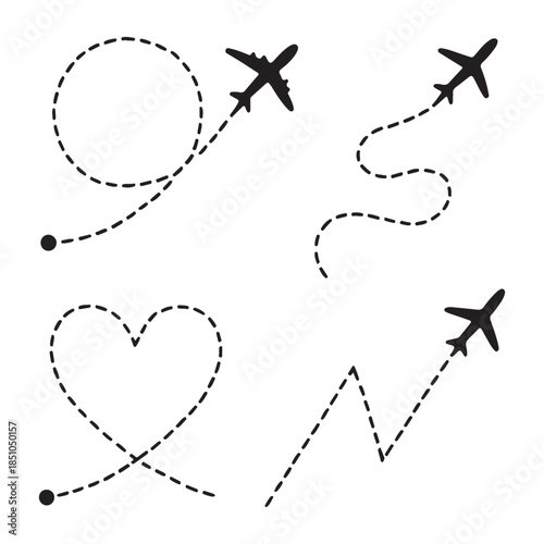 Line path vector icons of an airplane 
flight routes with start point and dashed line trace vector