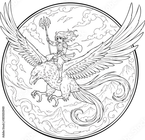 Girl riding mythical creature through clouds with magic