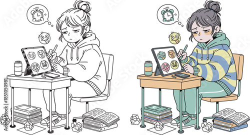 Student stressed about deadline while working on laptop at cluttered desk