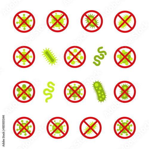 Viruses and bacteria surrounded by prohibition signs