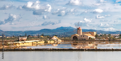 Εκτύπωση καμβά Famous salt museum pans and windmill, popular tourist attraction, Trapani Sicily