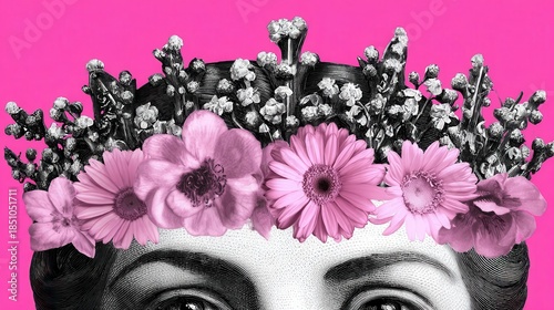 Floral crown adorning a vintage portrait.