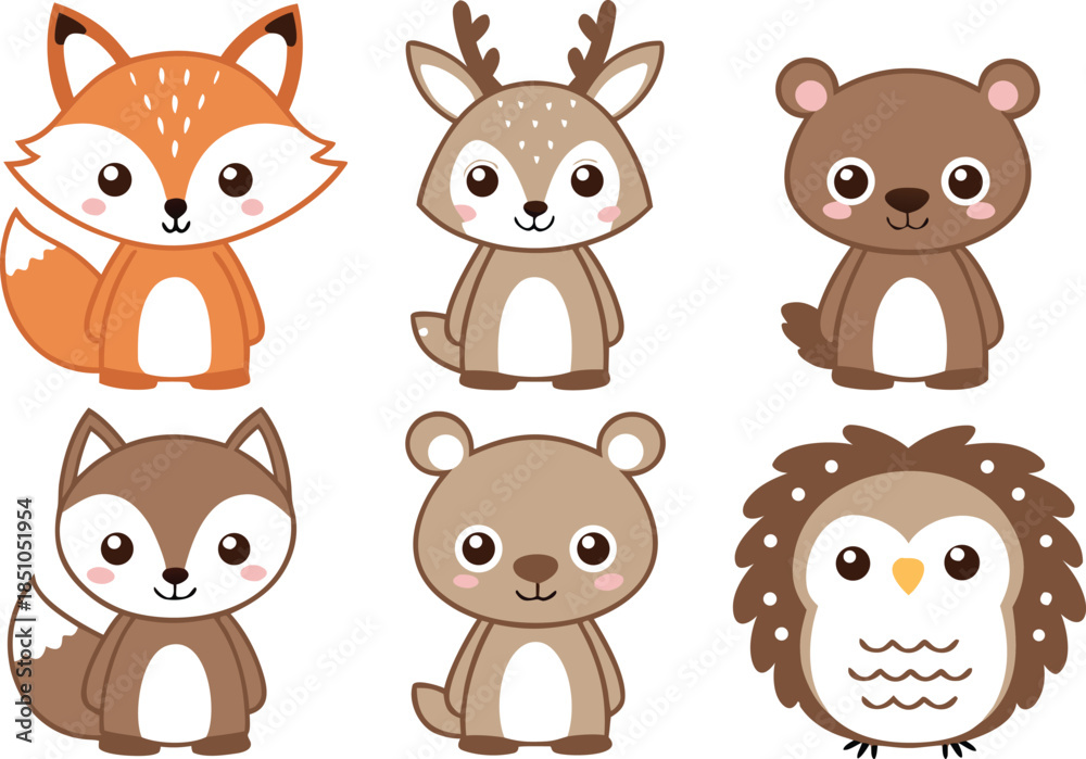 Fototapeta premium Whimsical Woodland Animals Illustration Set. Cute Woodland Animal Art Collection. Playful Woodland Animals Design Set. Forest Animals Whimsical Illustration. Charming Woodland Animal Artwork Set