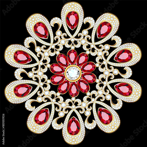 Mandala brooch jewelry, design element.  Geometric vintage ornamental background.