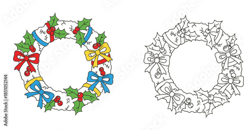 Christmas wreath vector illustration set featuring colorful and black white outline versions for coloring book. Cartoon holiday decoration with holly berries and bows isolated on white.