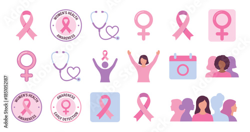 Women health awareness preventing breast cancer vector icons