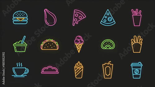 Collection of vibrant neon outline icons depicting various fast food and drink items on a dark background, showcasing a modern graphic style.