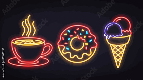 A vibrant set of neon signs featuring a steaming coffee cup, a sprinkled donut, and a double-scoop ice cream cone on a dark background.
