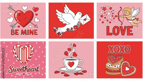 Romantic Valentine s Day Elements with Heart Dove and Dessert Symbols