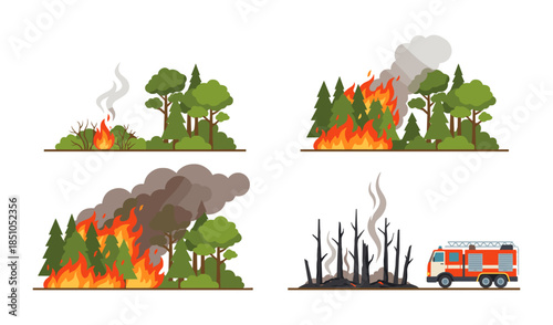 Wildfire stages showing forest burning and firefighter truck