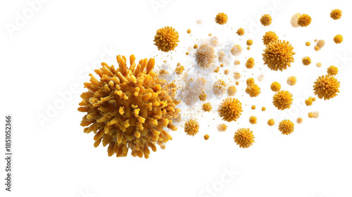 Microscopic view of virus particles flowing through the air, forming a stream of infection, isolated on a transparent background, perfect for scientific or medical visualizations