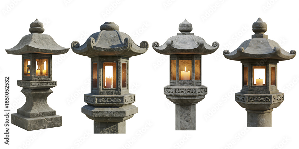 Naklejka premium An antique Japanese stone lantern stands as a traditional Zen garden decoration, blending ancient Asian architecture and vintage art into a peaceful temple sculpture