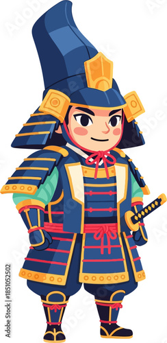 Japanese Young Samurai Flat Vector Illustration Traditional Armor Character Pastel Style