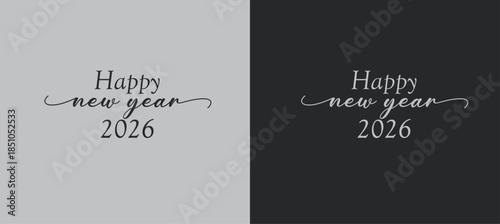 Happy new year lettering template. Xmas greeting card template, Invitation script calligraphy, Creative typographic quote, Holiday postcard element. Hand drawn style. Trendy vector line illustration.