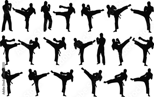 Martial arts fighter silhouettes set showing karate and taekwondo kicking and punching poses isolated on white background vector illustration
