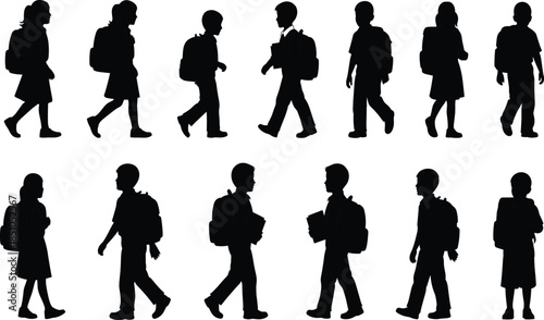 School children silhouettes set showing boys and girls walking with backpacks isolated on white background vector illustration for education concept