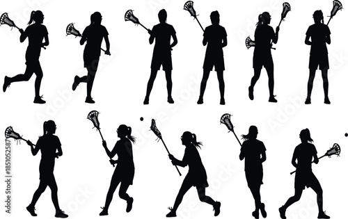 Set of female lacrosse player silhouettes in action poses with stick and ball, sports athlete illustration isolated on white background