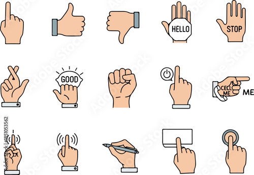 Set of hand gesture icons, showing various actions and communication