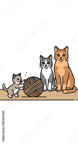 A playful kitten adorably bats at a large striped yarn ball, creating a heartwarming domestic scene as two calm adult cats lovingly supervise its cheerful antics.