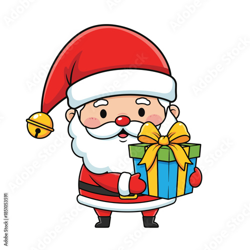 Cheerful cartoon Santa Claus illustration, dressed in a festive red suit and hat, holding a brightly wrapped present, symbolizing the generous spirit of the holiday season