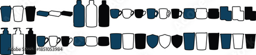 various toiletries and cups in rows on white background