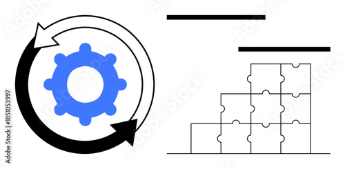 Process management concept. Gear icon and puzzle pieces depict seamless workflow and optimization. Process management ensures efficiency, structure, and goal completion. Ideal for business, planning