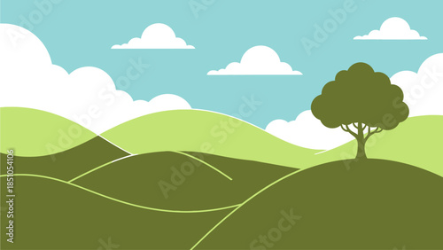 Scenic Landscape with Rolling Hills and a Prominent Tree in a Calm Natural Setting