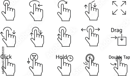 Hand gesture icons tap, swipe, zoom, click, hold, drag, and double tap icons on a white background