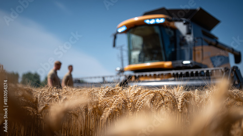 Modern Combine Harvester in Wheat Field with Farmer and Son Under Clear Summer Sky