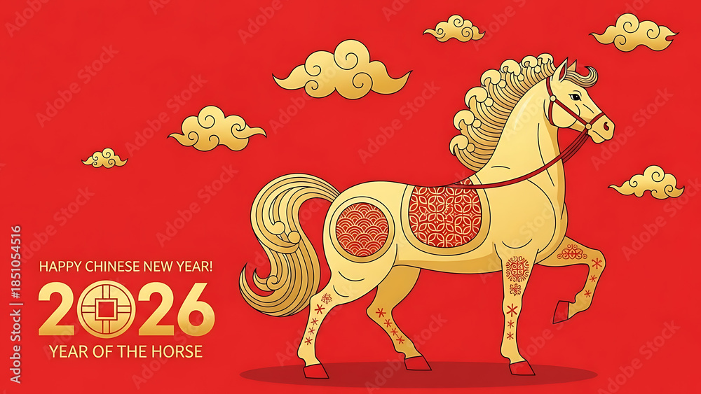 Obraz premium Golden horse with traditional Chinese patterns celebrates the Year of the Horse in 2026 on a red background with clouds.