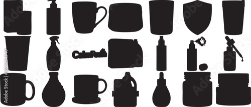 Collection of various household items and containers in black and white