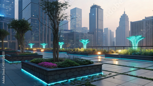 Futuristic cityscape with illuminated garden and skyscrapers at dusk