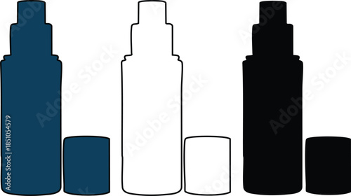 colorful spray bottles and caps in blue white and black on white background