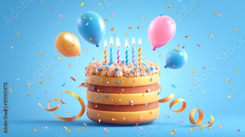 Whimsical cartoon-style banner with a bright layered cake topped by flickering candles. Curled ribbons stream around floating balloons.