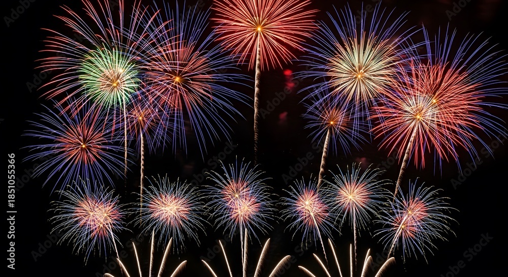 Naklejka premium Vibrant bursts of colorful fireworks illuminate the dark night sky, creating a dazzling spectacle for a festive celebration
