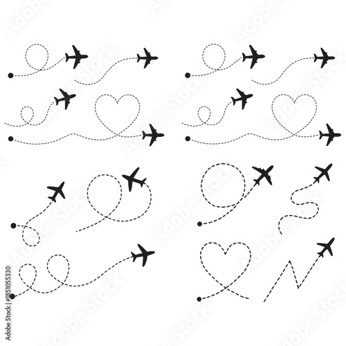 Line path vector icons of an airplane 
flight routes with start point and dashed line trace vector
