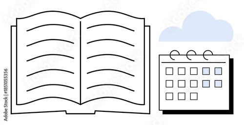 Open book with lines representing knowledge, calendar with spiral binding indicating scheduling, and a cloud icon. Ideal for learning, planning, education, time management, knowledge, productivity