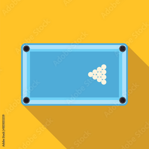 Flat design illustration of a light blue pool table with white billiard balls arranged in a triangle