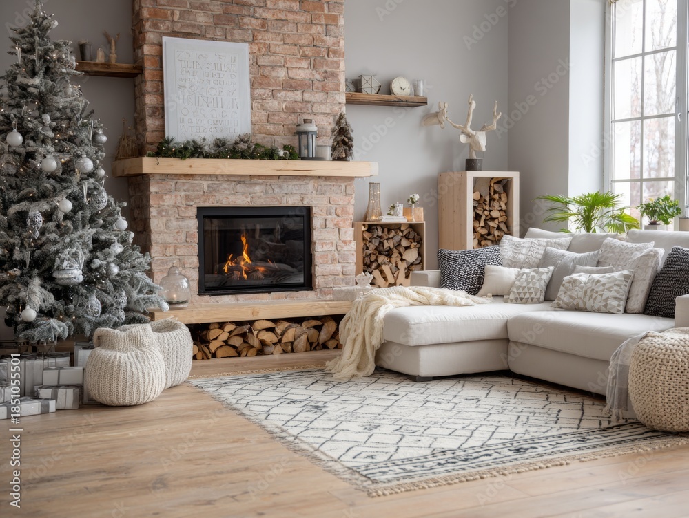 Fototapeta premium Cozy winter living room interior with fireplace Christmas decor and warm natural light