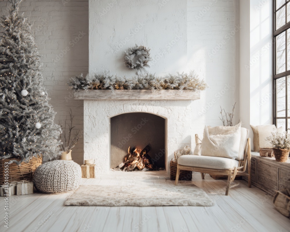 Fototapeta premium White Christmas living room with fireplace and tree cozy winter interior natural light