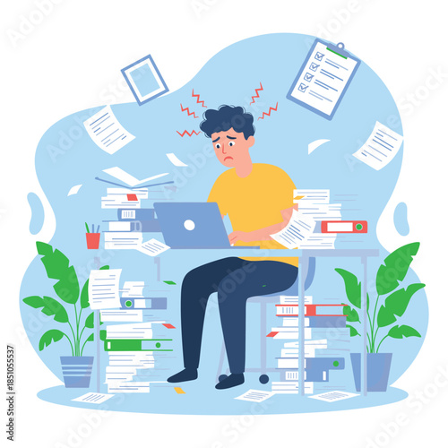 Overwhelmed Office Worker Stressed by Paperwork