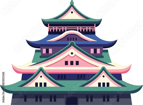 Japanese Castle Flat Vector Illustration Traditional Historic Architecture Pastel Style