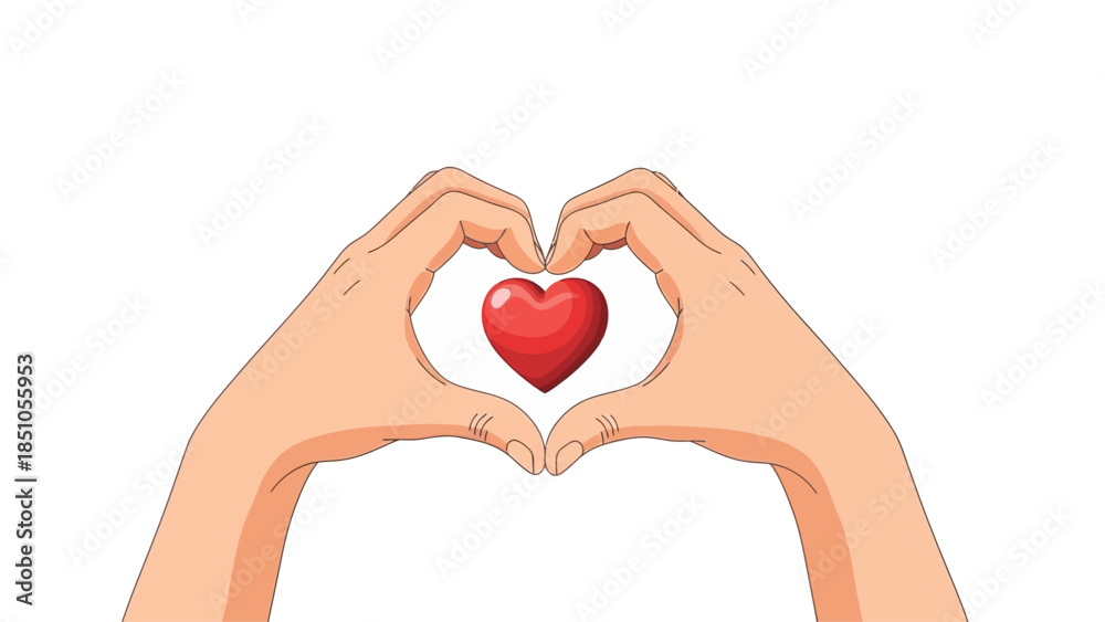 Fototapeta premium Close up of Hands Forming a Heart Shape with a Red Gift Box Inside Symbolizing Giving and Love